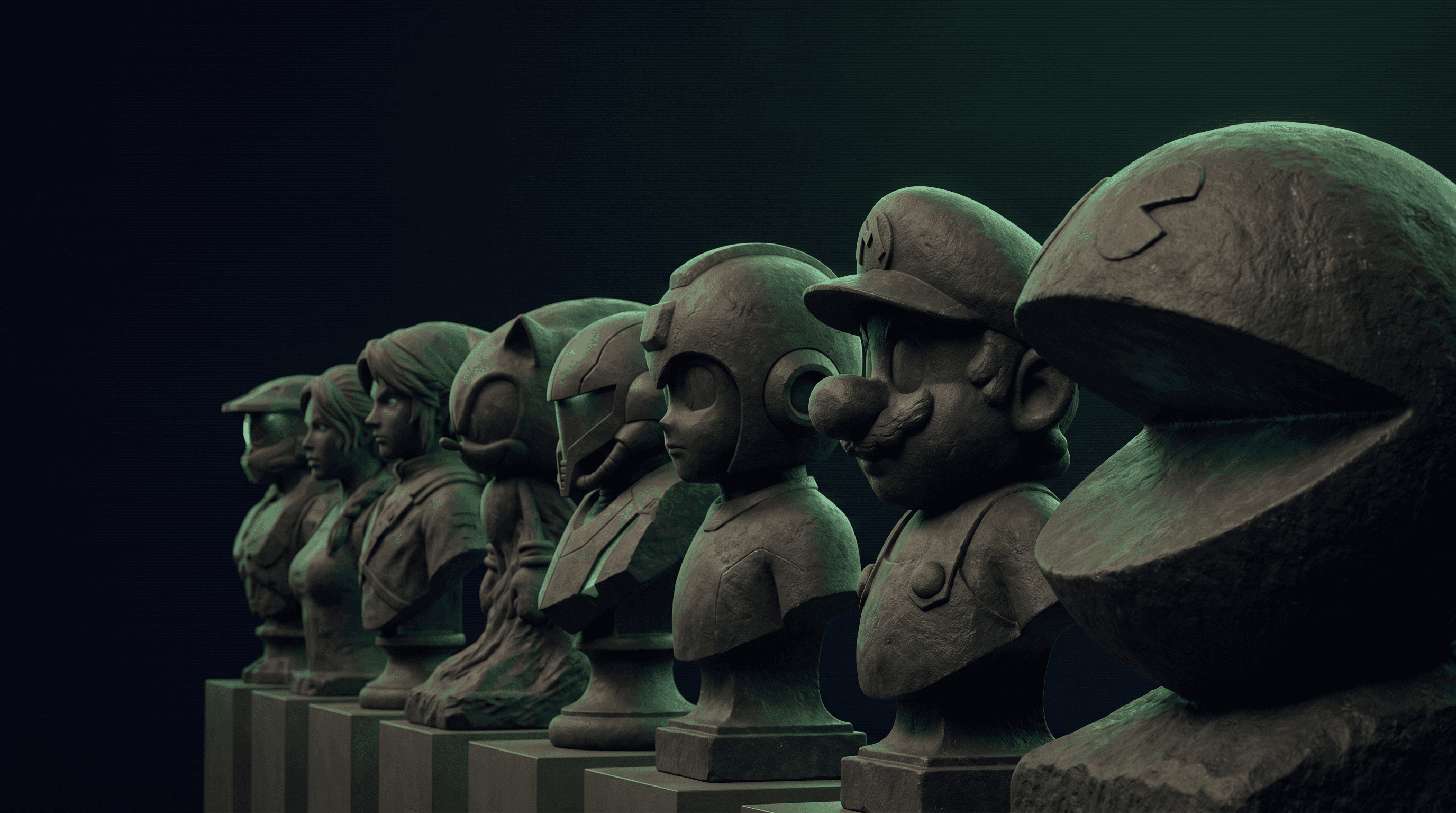 Sculptural video-game busts in volcanic basalt under phosphor-green cathode light